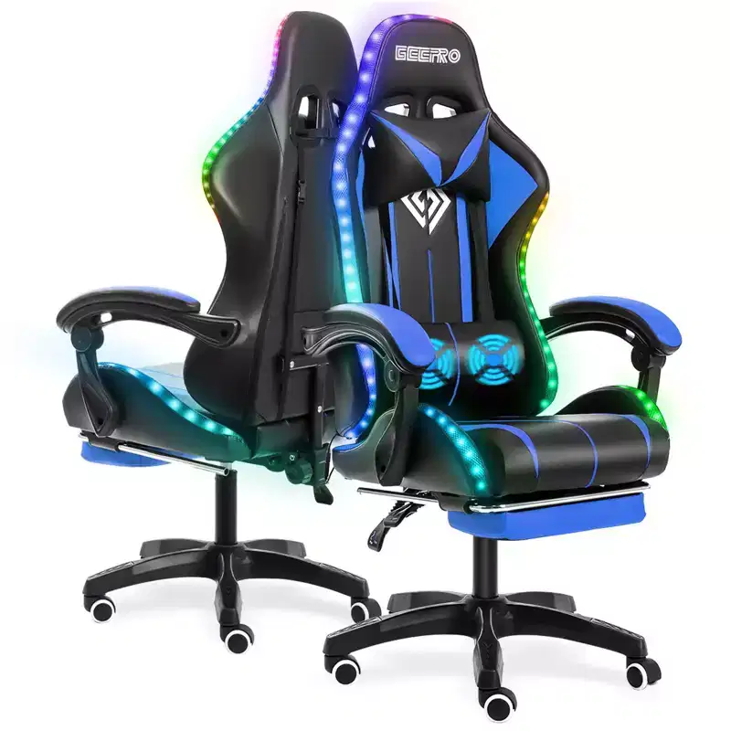 Hoffree Comfort Massage Racing Gaming Chair Ergonomic Office PC Chair with Footrest & RGB Light