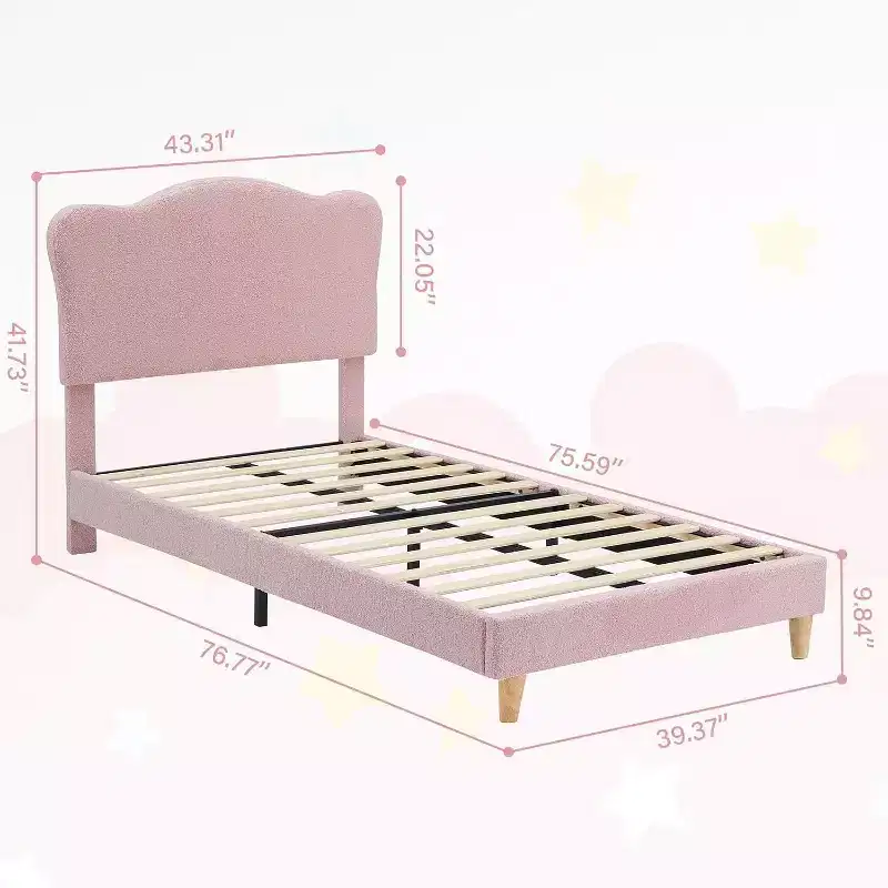 Upholstered Twin Bed Frame with Headboard, 77x39.4 in Toddler Bed for Kids Girls, Soft Padded Platform Bedframe, Sturdy Wooden Slats Support, Pink