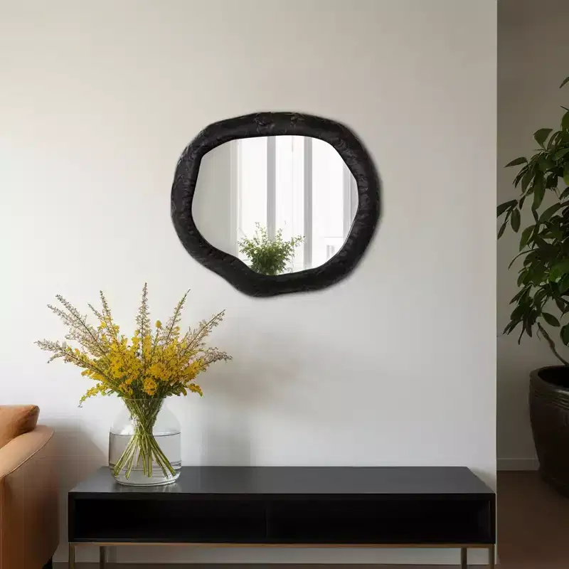 Modern Irregular Wall Mirror - Textured Frame - Glass & Metal - Contemporary Accent Mirror for Home, Office, Bedroom, Living Room - 1 Black