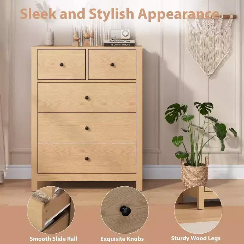 5 Drawer Dresser, Modern Dresser Organizer with Storage Drawers, Wooden Chests of Drawers for Bedroom, Entryway, Hallway