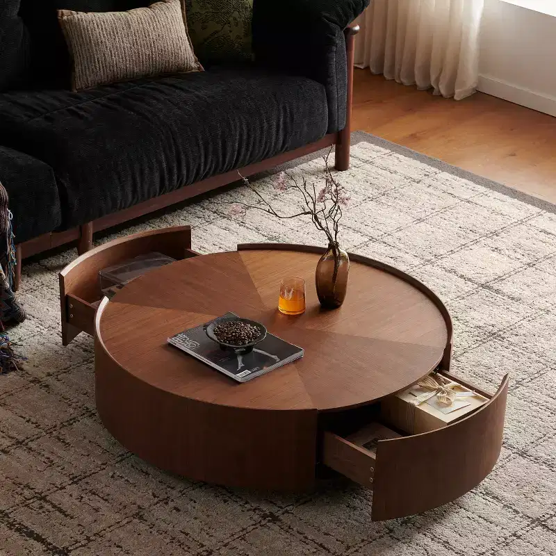 GDFStudio Veridan Round Wood Grain Coffee Table with Iron Ring Base