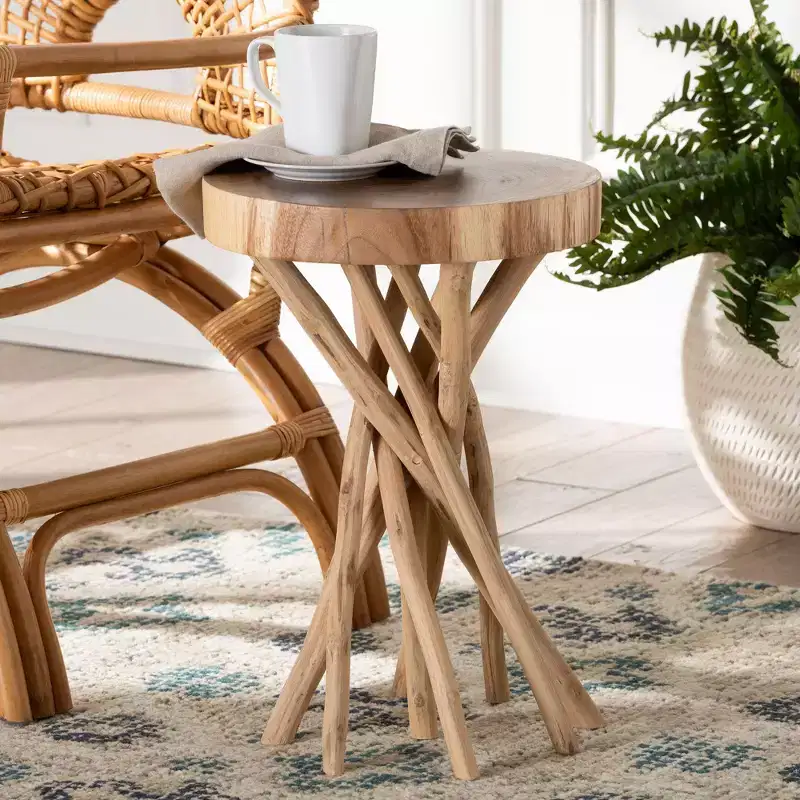 Bohemian Natural Teak Wood End Table with Carved Branch Base, Round Top