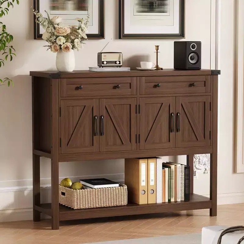47 Sideboard Buffet Cabinet, Wooden Coffee Bar Cabinet with 2 Drawers, Entryway Console Table, Floor Cupboard Cabinet for Kitchen Living Room