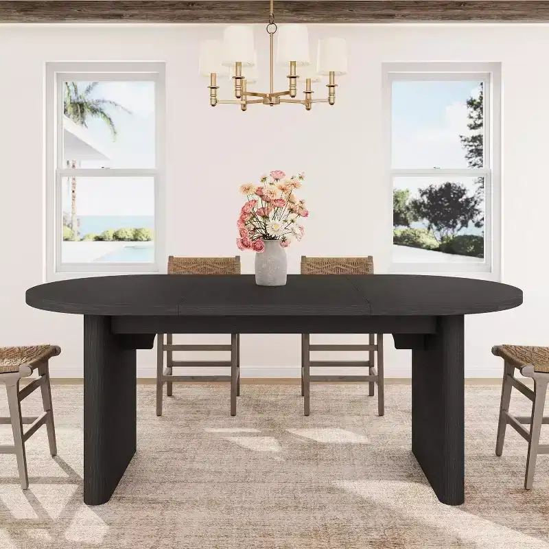 Black/Brown/Gray/Wood Oval Dining Table, Farmhouse Style, Seats 6–8