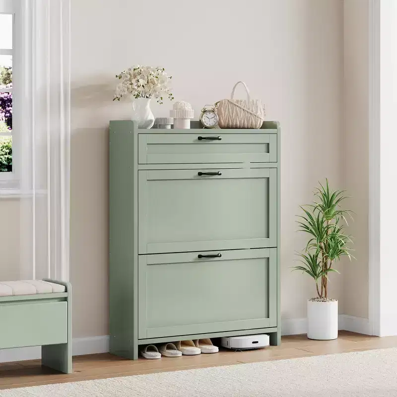 Shoe Cabinet with Flip Drawers & Top Drawer, Wood Hidden Storage, Freestanding Narrow Organizer for Hallway, Living Room