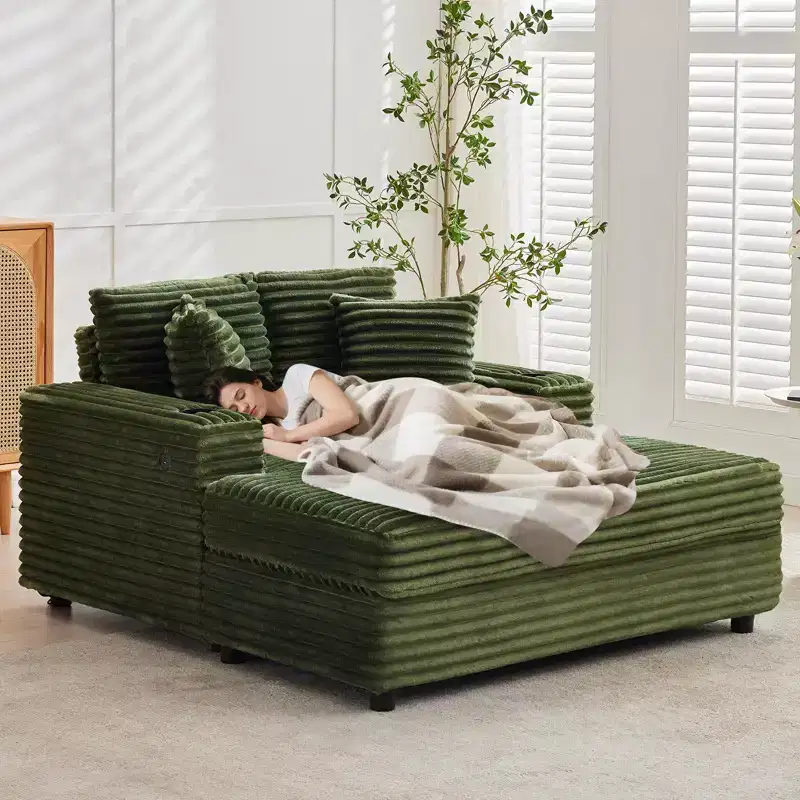 54 Oversized Chaise Lounge Chair, Upholstered Sleeper Sofa Bed with 4 Pillows & Cup Holder, Corduroy Comfy Sofa Couch for Living Room Bedroom, Green