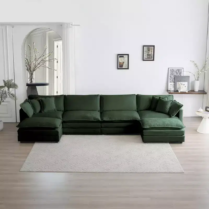 Reversible Chaise U-Shaped Sectional Sofa with Double Extra Ottomans in Green Chenille