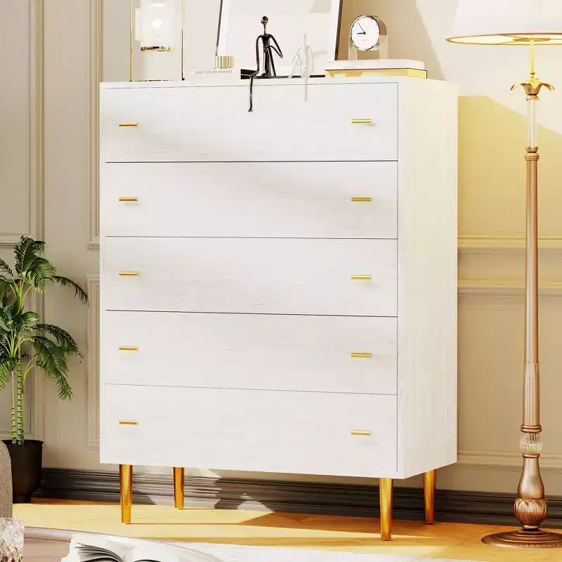 5 Drawers Dresser for Bedroom, 44 Tall Wood Rustic Chest of Drawers with Bar Handles, Vintage Storage Organizer for Bedroom & Living Room