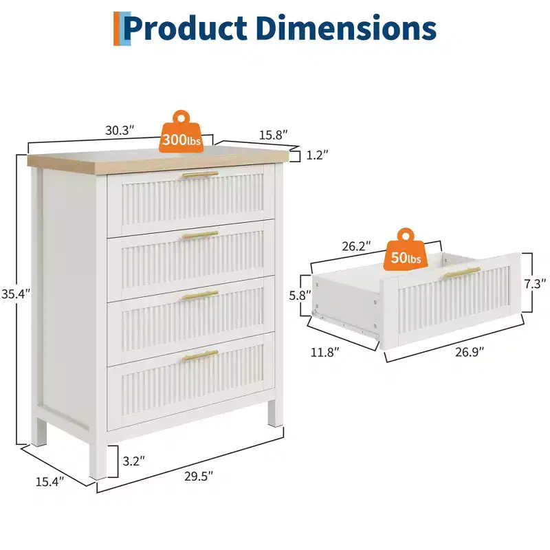 COZONY Fluted Drawer Chest 4-Drawer Storage Cabinet Engineered Wood Organizer for Bedroom Living Room Hallway