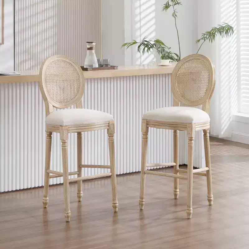 French Country 30 Bar Chairs Set of 2, Upholstered Natural Rattan Round Back, Wire Drawing Carving, Beige