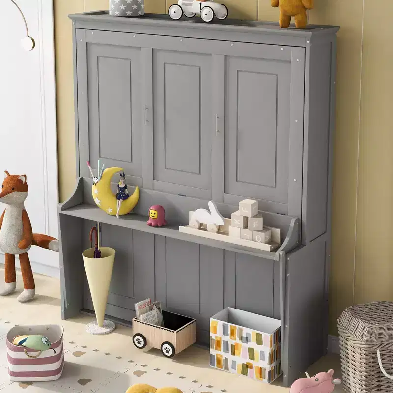 Queen Size Murphy Bed with Storage Shelf, Queen Wood Cabinet Beds Foldable Wall Bed Frame for Guest Room Home Office