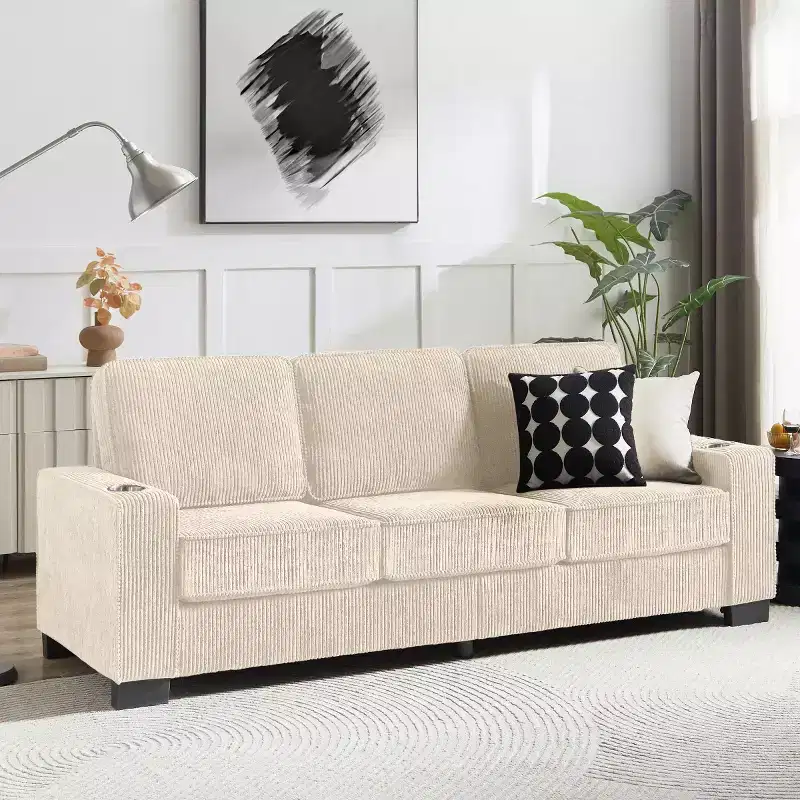 83-Inch Corduroy Three-Seat Sofa with Cup Holders, Plush Modern Cloud Couch for Living Rooms and Apartments
