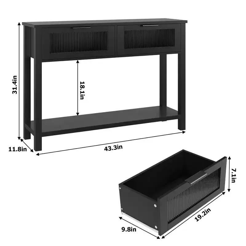 Black Console Table with 2 Drawers – MDF Entryway / Sofa Table, 43.3 x 11.8 x 31.4 in
