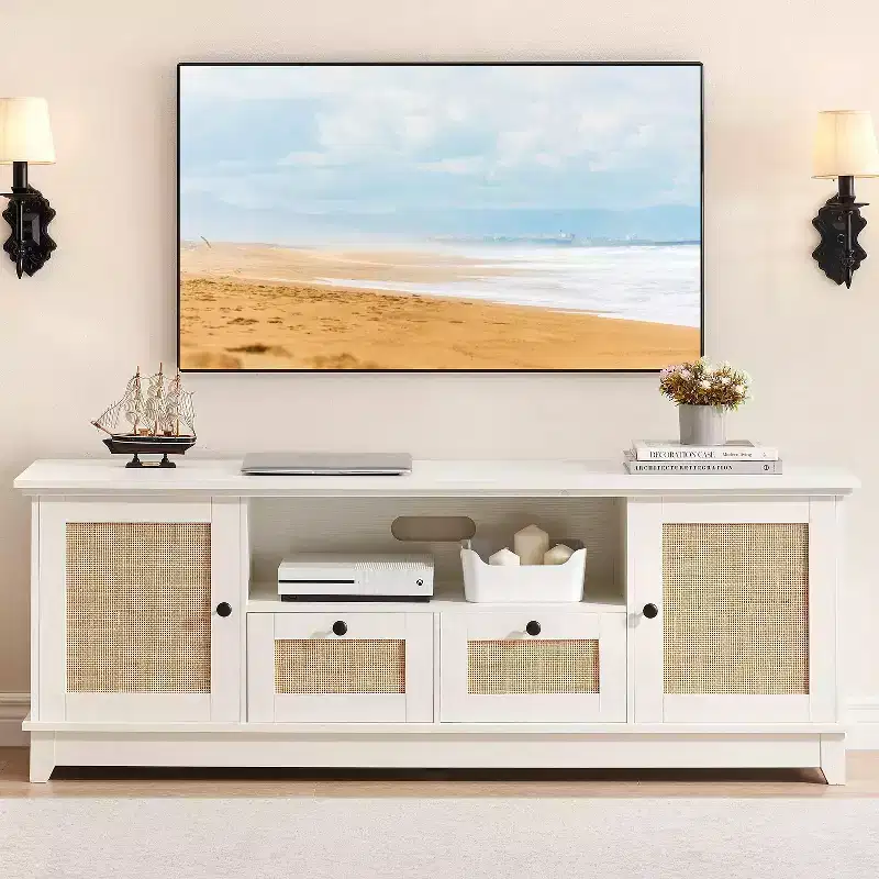 GustoWave TV Console Table, Rattan Entertainment Center with 2 Cabinets & Adjustable Shelf for up to 70 Inch TV, White