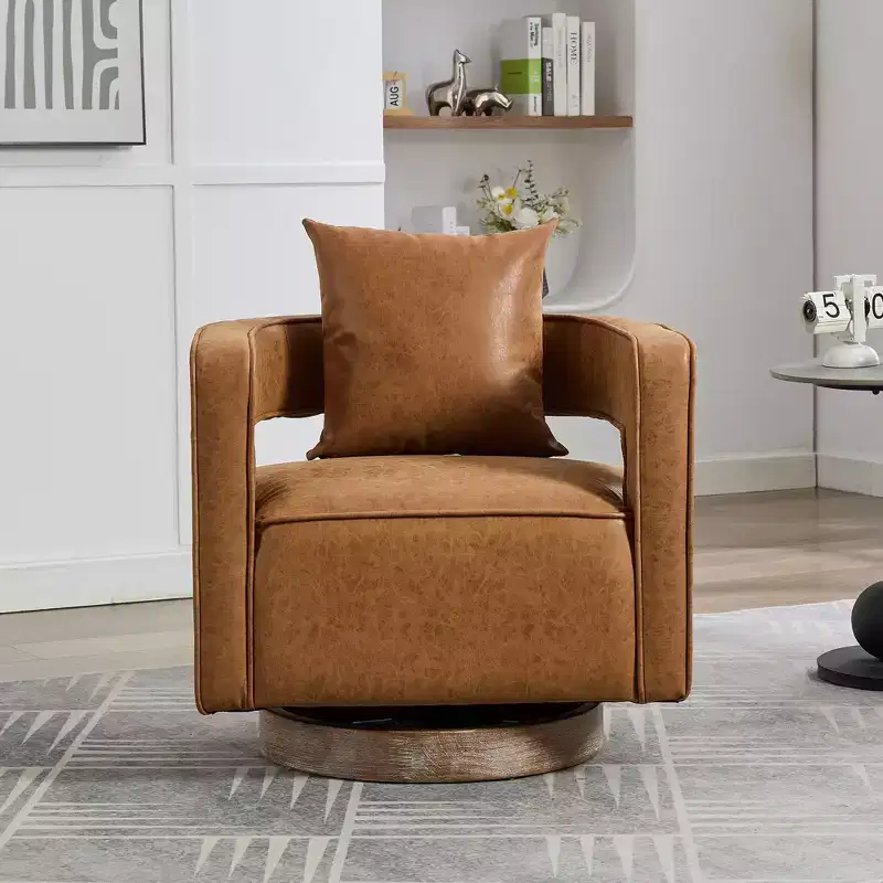 29.1W Swivel Accent Barrel Chair, Upholstered Lounge Chair with Weathered Rubberwood Base, Faux Leather Club Chair for Living Room, Office