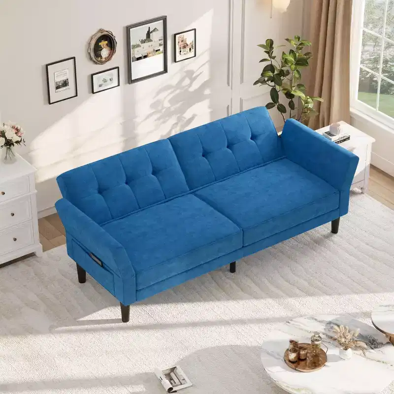 Acekool 89 Futon Sofa Bed, Modern Convertible Sleeper Couch with Adjustable Backrest and Armrests, 3 Seater Sofa