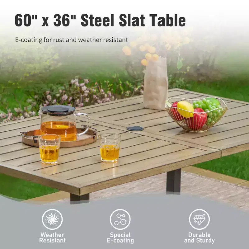 Captiva Designs 7pc Patio Slatted Top Steel Dining Table with Umbrella Hole & Cushioned Armrest Rattan Chairs
