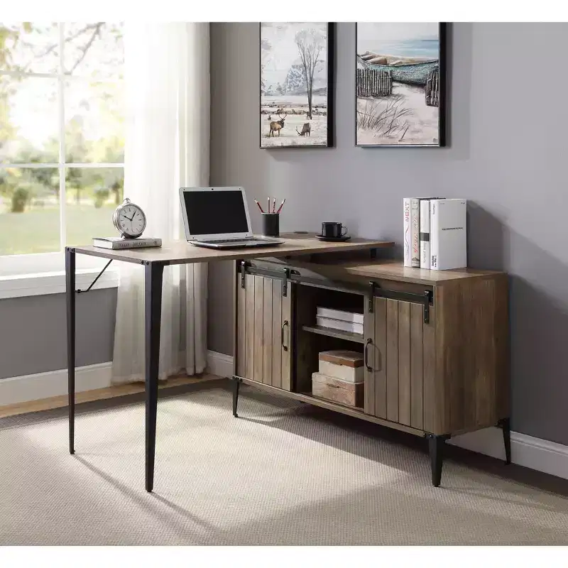 L-Shape Writing Desk with Sliding Barn Door Storage