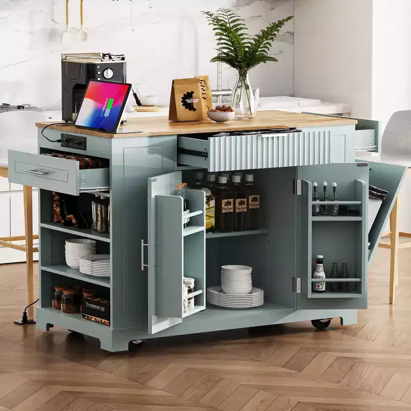Kitchen Island with Power Outlet & Tilt Trash Can, Rolling Kitchen Cart with Wheels & Racks, Storage Cabinet Dining Table
