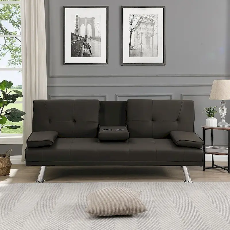 Convertible Sofa Bed – Black / Dark Brown, Faux Leather, 3-Position Recliner, Seats 2