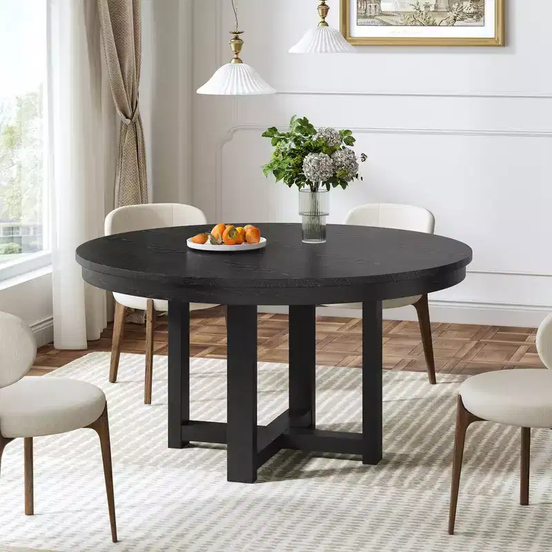 45 x 45 Solid Wood Farmhouse Dining Table, Round Wood Texture Top with Cross X Base for Modern Dining Rooms & Family Gatherings, Black