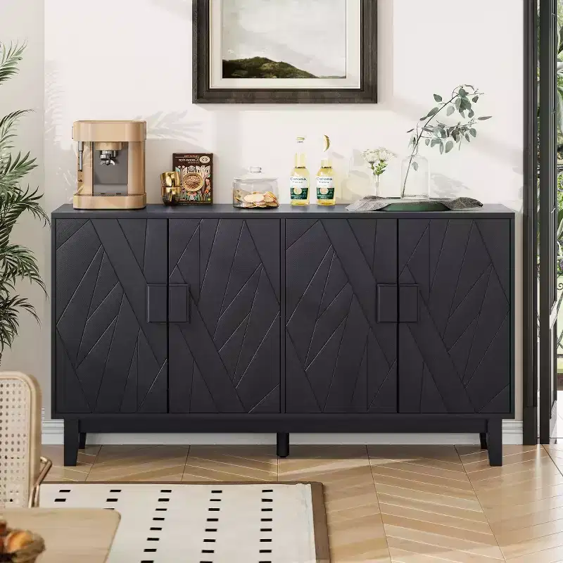 55 Modern Black Sideboard Buffet Cabinet, 4-Door Engineered Wood Credenza with Abstract Geometric Line Pattern & Solid Wood Legs - Panipeachy