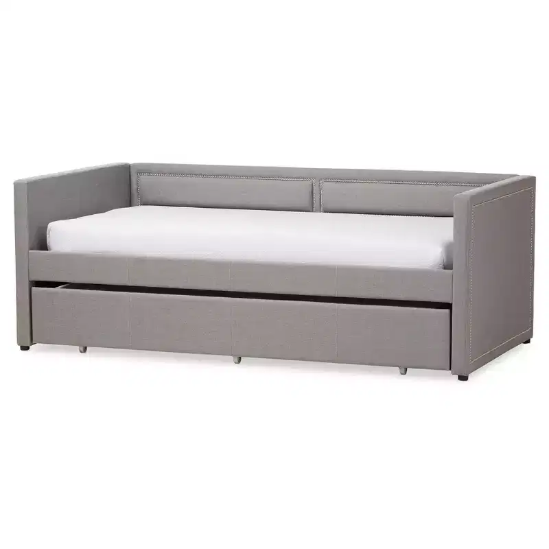 Baxton Studio Twin Raymond Modern and Contemporary Fabric Nailhead Trimmed Sofa Daybed with Roll Out Trundle Guest Bed Gray: Rubberwood Frame
