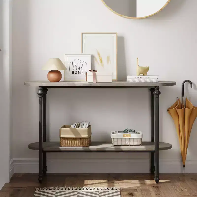 2-Tier Console Table, 43.3 Industrial Entryway Table with Storage Shelf, Metal Frame Sofa Table Behind Couch for Living Room, Hallway & Foyer