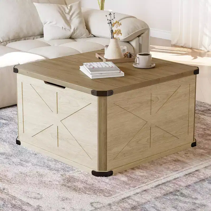 TYBOATLE 32 Farmhouse Coffee Table with Storage, Wood Lift Top Toy Chest & Blanket Trunk, Rustic Square Center Table for Living Room, Brown